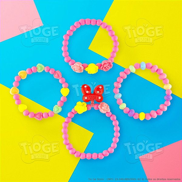 Pulseiras de Miçanga Infantis Lindas Rosa Pink Laço Minnie Coração 4 unid