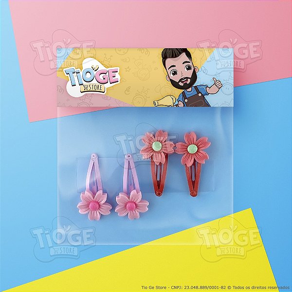 Presilhas para Cabelo Pequenas (Tic Tac) com Enfeite Flor Rosa Cereja 4 unid (2 pares)