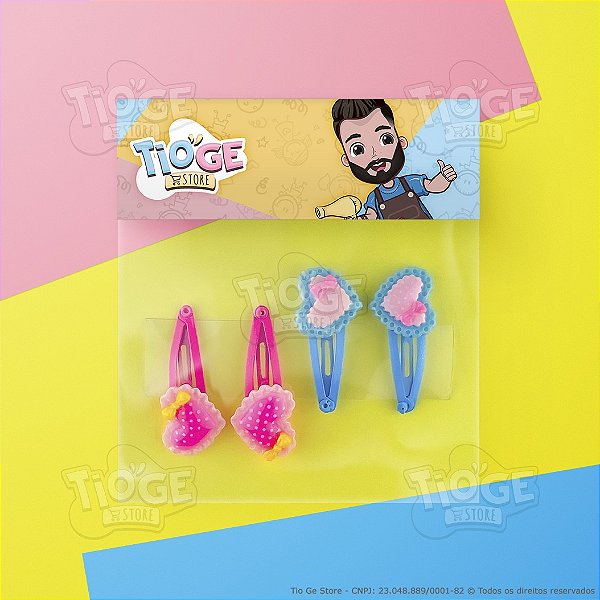 Presilhas para Cabelo Pequenas (Tic Tac) com Enfeite Coração Pink Azul 4 unid (2 pares)