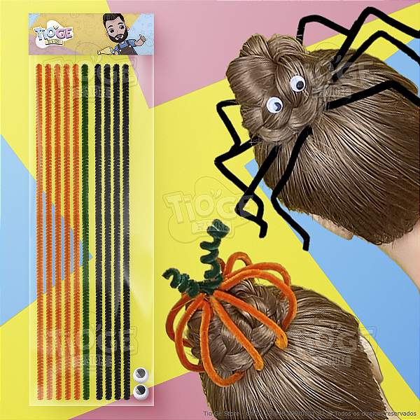 Cabelo Maluco Halloween Aranha e Abóbora 10 Hastes Flexíveis de Pelúcia Chenille e 2 Olhos Móveis Autoadesivo