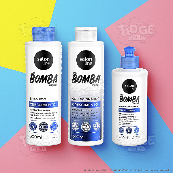 Kit 3 SOS Bomba Crescimento Cabelos Ondulados Cacheados Crespos Shampoo + Condicionador + Creme Pentear