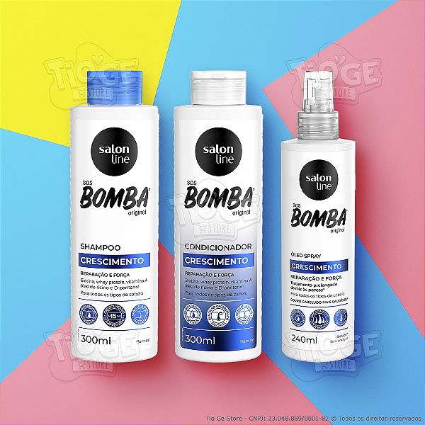 Kit 3 SOS Bomba Crescimento Cabelos Ondulados Cacheados Crespos Shampoo + Condicionador + Óleo Spray