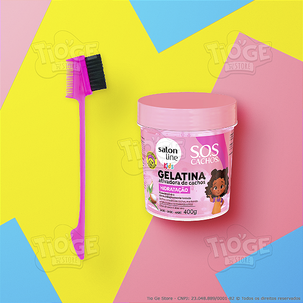 Kit Penteado Baby Hair 1 Pente Escova Baby Hair 3 em 1 Rosa + 1 Gelatina Infantil SOS Cachos Kids Hidratação 400g
