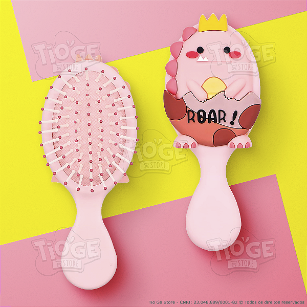 Escova de Cabelo Mini Dinossauro Fofa Infantil Desembaraçante Almofada Cerdas Ultramacias Rosa