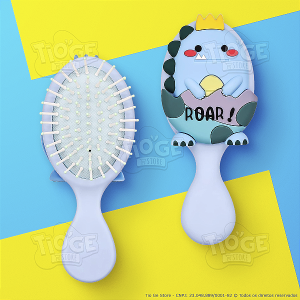 Escova de Cabelo Mini Dinossauro Fofa Infantil Desembaraçante Almofada Cerdas Ultramacias Azul
