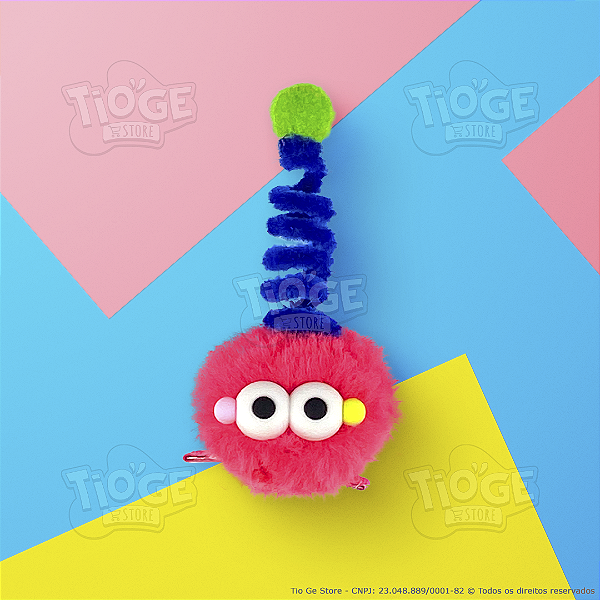 Monstrinho Bolinha de Pelúcia Antena Espiral Presilha Cabelo Maluco Bichinho Olhos Grandes Fofo Engraçado Vermelho Azul