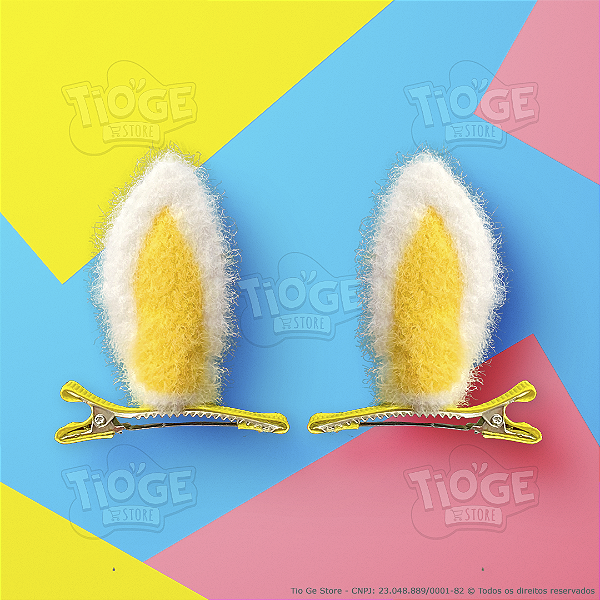 Orelhas de Coelhinho Pelúcia Infantil Presilha Bico de Pato Cabelo Maluco Fofo Engraçado Amarelo 2 unid (1 par)