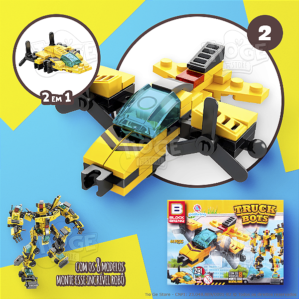 Blocos de Montar e Desmontar (Nº 2) Avião Jato 2 em 1 Robô Transformers Truck Bots Block Brinq 44 Peças
