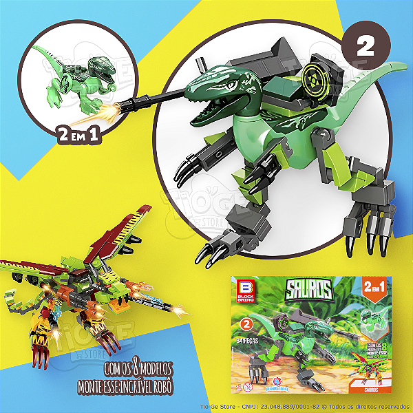 Blocos de Montar e Desmontar (Nº 2) Dinossauro Velociraptor 2 em 1 Robô Transformers Sauros Block Brinq 84 Peças
