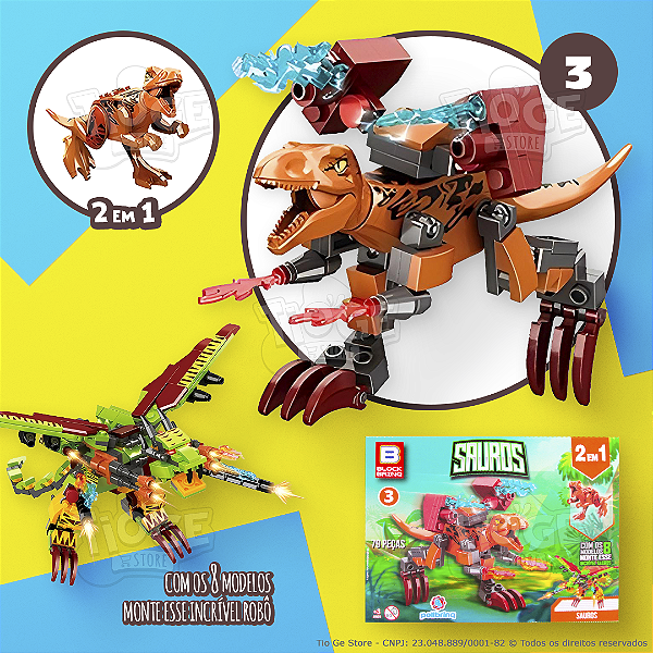 Blocos de Montar e Desmontar (Nº 3) Dinossauro Tiranossauro Rex 2 em 1 Robô Transformers Sauros Block Brinq 79 Peças