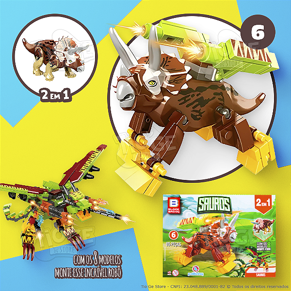Blocos de Montar e Desmontar (Nº 6) Dinossauro Triceratops 2 em 1 Robô Transformers Sauros Block Brinq 85 Peças