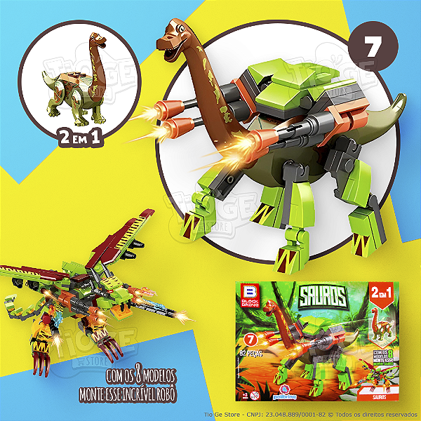 Blocos de Montar e Desmontar (Nº 7) Dinossauro Braquiossauro 2 em 1 Robô Transformers Sauros Block Brinq 82 Peças