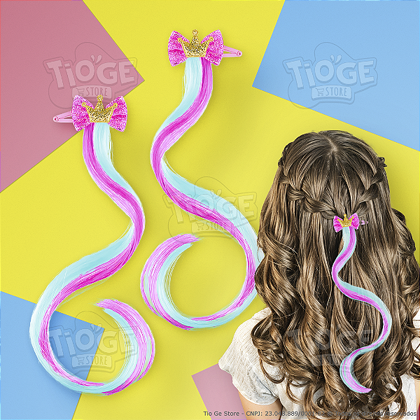 Presilhas Mecha de Cabelo Sintético Infantil (Tic Tac) Unicórnio Coroa Dourada Laço Pink Cor Rosa e Azul 2 unid