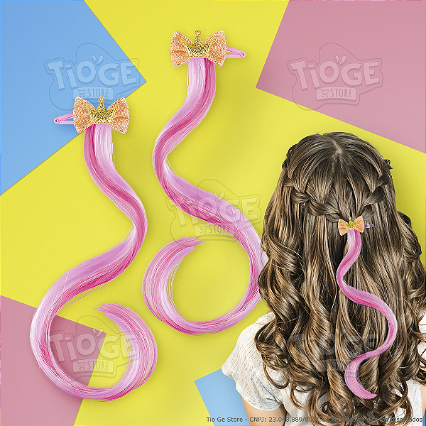 Presilhas Mecha de Cabelo Sintético Infantil (Tic Tac) Unicórnio Coroa Dourada Laço Salmão Cor Pink e Rosa 2 unid