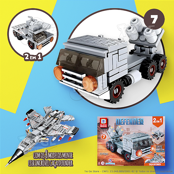 Blocos de Montar e Desmontar Defender (Nº 7) Caminhão MíssiI 2 em 1 Colecionar Avião Caça Block Brinq 73 Peças