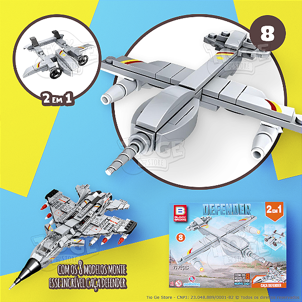 Blocos de Montar e Desmontar Defender (Nº 8) Avião Drone 2 em 1 Colecionar Avião Caça Block Brinq 73 Peças