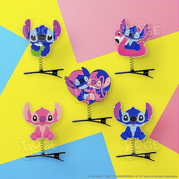 Presilhas Cabelo Maluco Stitch e Angel Aplique Emborrachado Bico de Pato Menina Menino Acessório Infantil 5 Unid