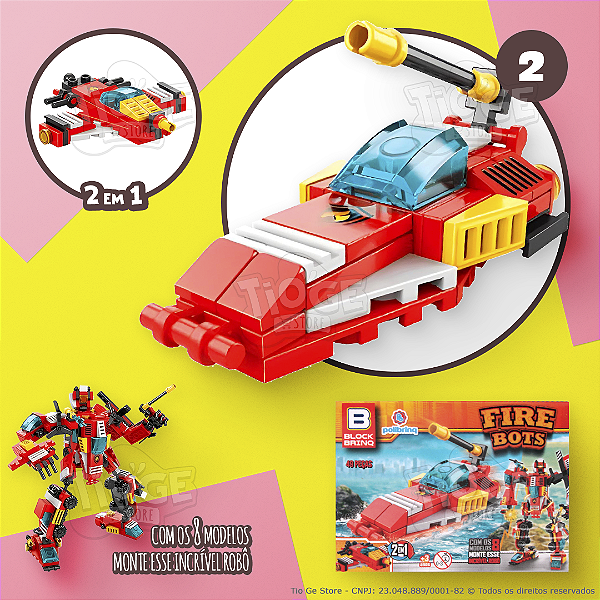 Blocos de Montar e Desmontar Fire Bots (Nº 2) Lancha de Resgate Bombeiros 2 em 1 Robô Transformers Block Brinq 49 Peças