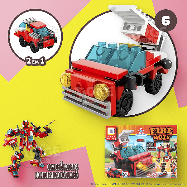 Blocos de Montar e Desmontar Fire Bots (Nº 6) Caminhão de Bombeiros 2 em 1 Robô Transformers Block Brinq 49 Peças