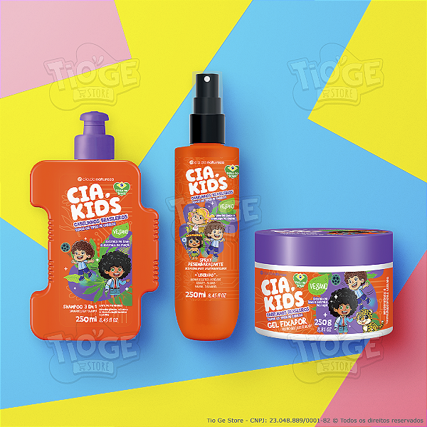Kit 3 Cabelinhos Brasileiros Cia Kids Vegano Todos os Tipos de Cabelo Infantil Shampoo 3 em 1 + Spray + Gel Fixador