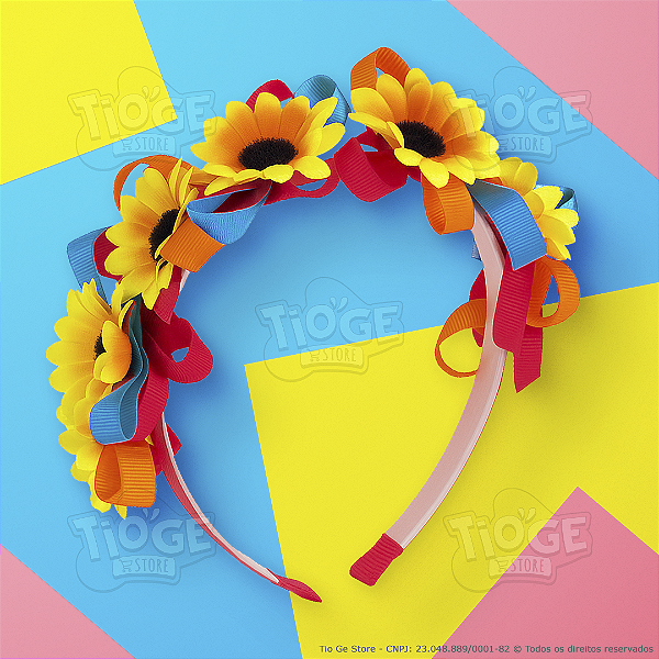 Arco Tiara Infantil Girassol Fitas Coloridas Fofo Delicado Festa Junina Cor Rosa 1 unid