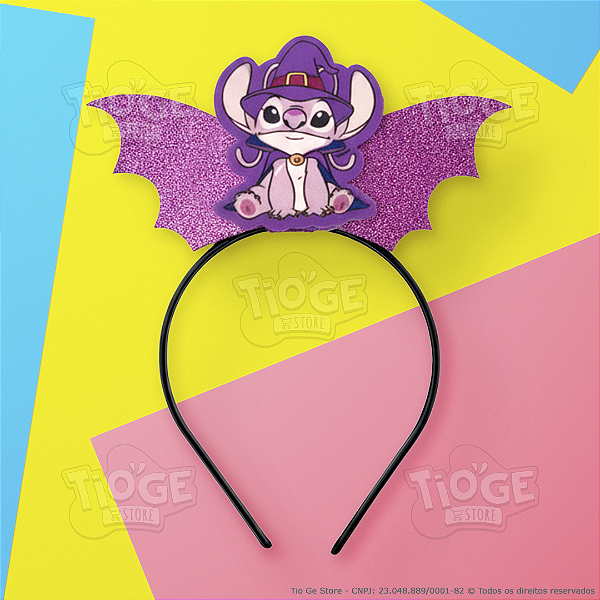 Arco Tiara Infantil Angel Stitch Bruxa com Asas de Morcego Rosa em EVA com Glitter Halloween Confortável 1 Unid