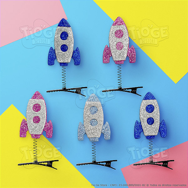 Presilhas Cabelo Maluco Foguete Espacial Glitter Aplique EVA Bico de Pato Menina Menino Infantil 5 Unid