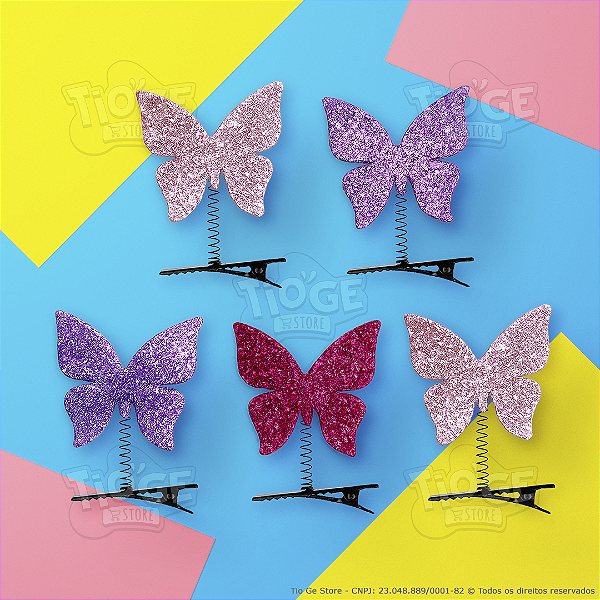 Presilhas Cabelo Maluco Borboletas Glitter Aplique EVA Bico de Pato Menina Menino Infantil 5 Unid