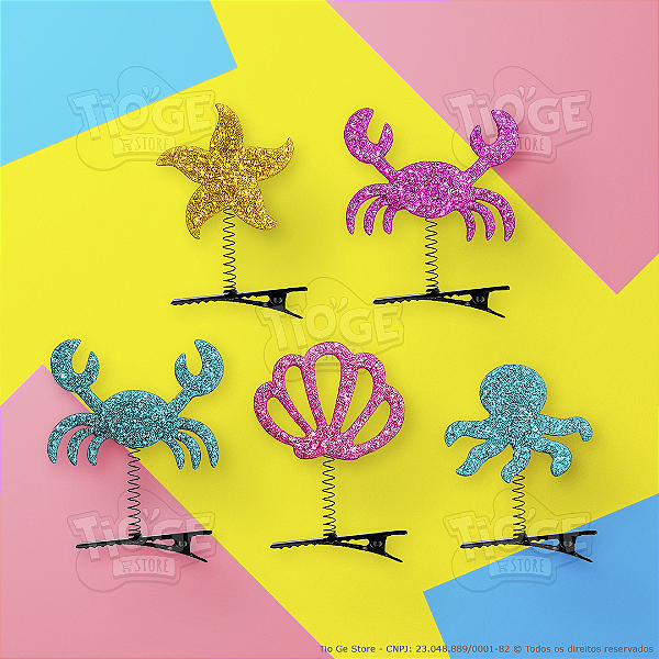 Presilhas Cabelo Maluco Fundo do Mar Glitter Aplique EVA Bico de Pato Menina Menino Infantil 5 Unid