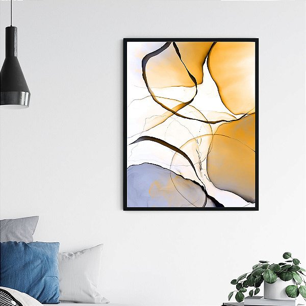 Quadro Decorativo Abstrato Alcohol Ink Cinza e Amarelo