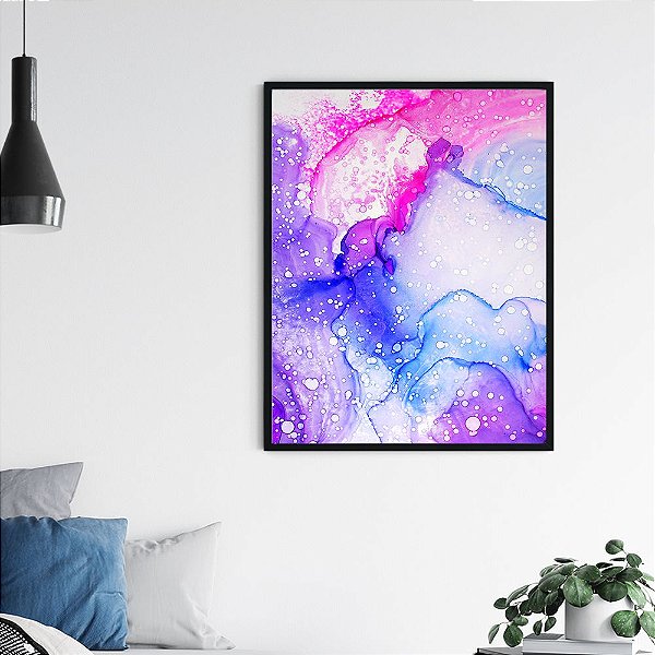 Quadro Decorativo Abstrato Alcohol Ink Amarelo Azul e Rosa