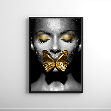 Quadro Decorativo Artístico Mulher Borboleta Dourada