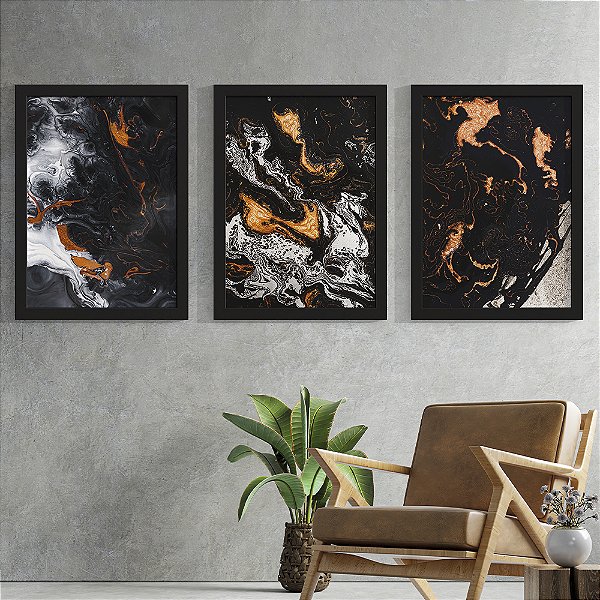 Quadro Decorativo Alcohol Ink Trio Black Orange