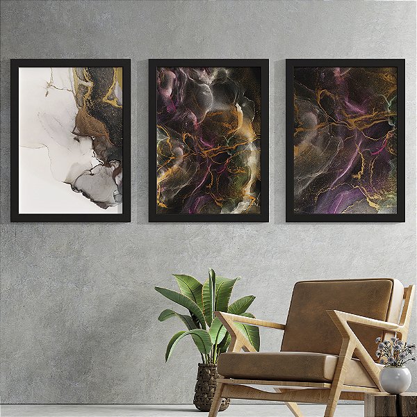 Quadro Decorativo Alcohol Ink Trio Orange Purple