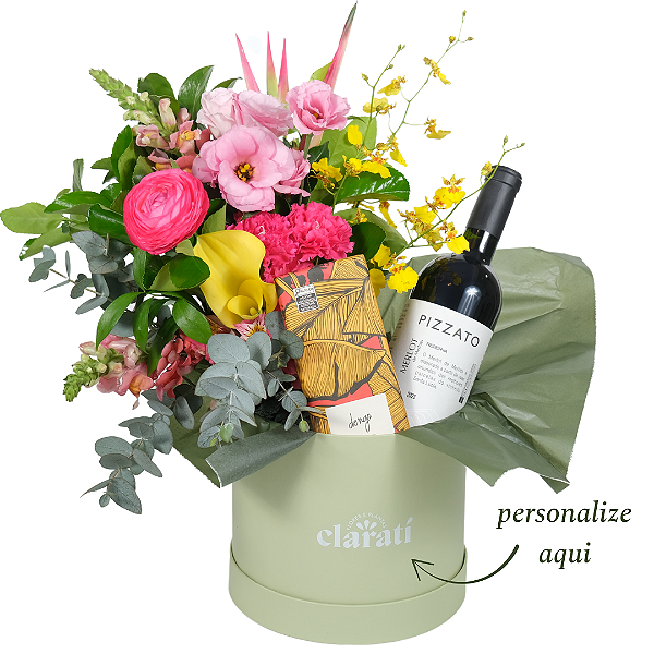 Kit Buquê de Flores M + Vinho Tinto + Chocolate Dengo