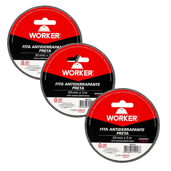Jogo de 3 Fita Antiderrapante 50mm X 5m Preta Worker