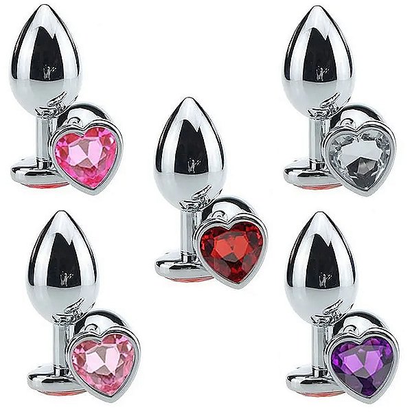 Plug Anal Jóia Cromado C/ Pedra Colorida Formato Coração - Tamanho M