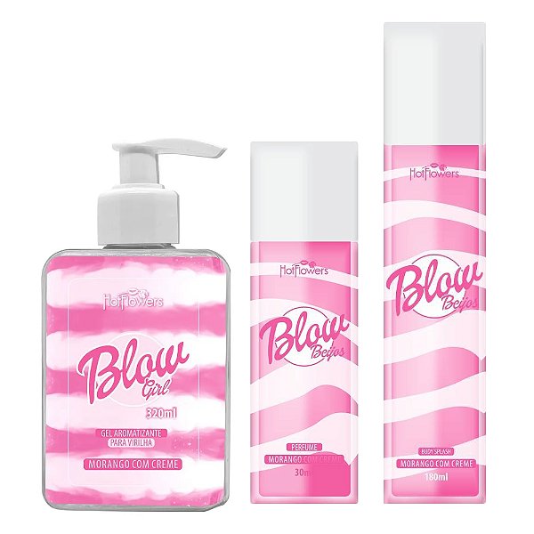 KIT Blow Girl Gel + Perfume 30ml + Body Splash 180ml - Morango com Creme Hot Flowers