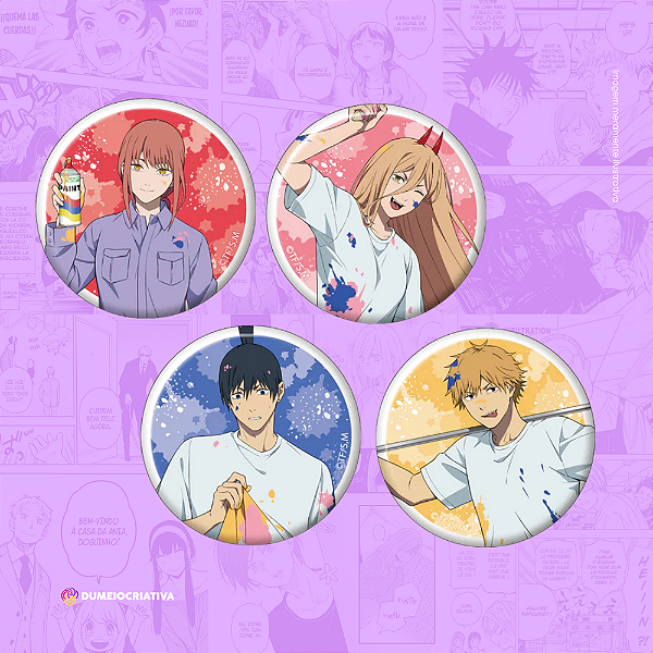 Kit com 4 Bottons Chainsaw Man - (3,5cm) Broche Alfinete