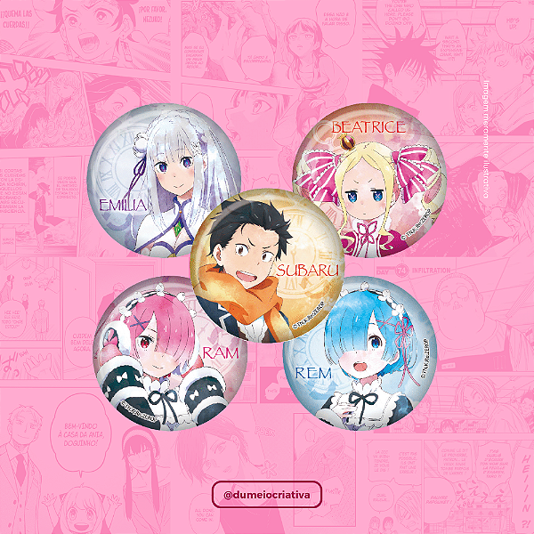 Kit com 5 Bottons Re:Zero - (3,5cm) Broche Alfinete