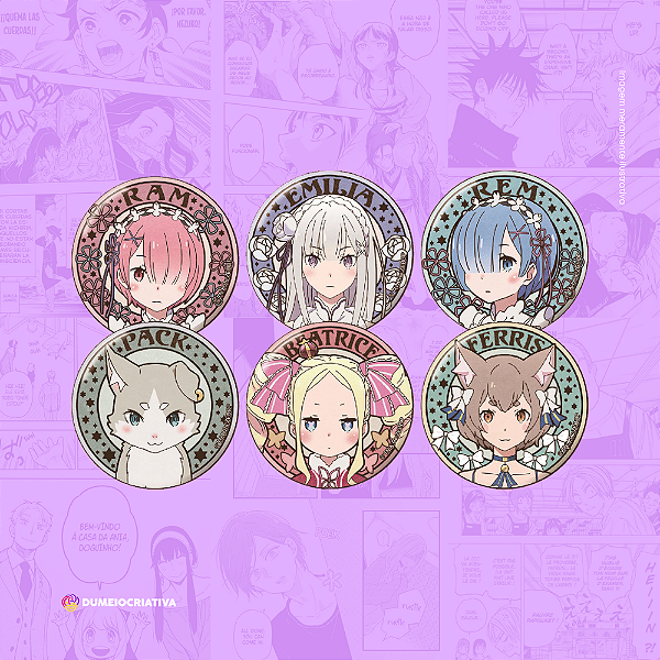 Kit com 6 Bottons Re:Zero - (3,5cm) Broche Alfinete