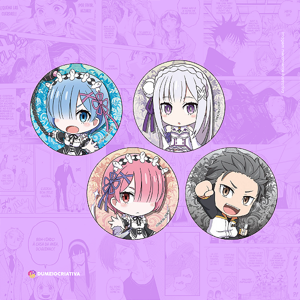 Kit com 4 Bottons Re:Zero - (3,5cm) Broche Alfinete
