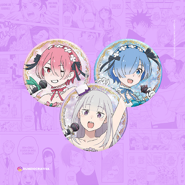 Kit com 3 Bottons Re:Zero - (3,5cm) Broche Alfinete