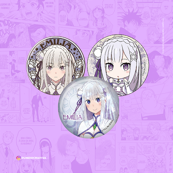 Kit com 3 Bottons Emilia Re:Zero - (3,5cm) Broche Alfinete