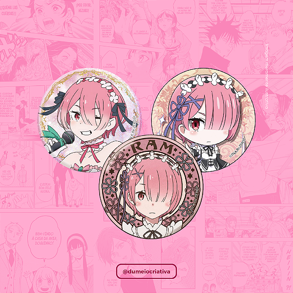 Kit com 3 Bottons Ram Re:Zero - (3,5cm) Broche Alfinete