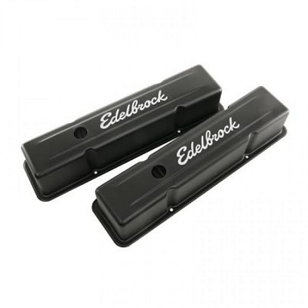 4643 - PAR DE TAMPAS DE VALVULAS EDELBROCK, SIGNATURE SERIES, CHEVY, PERFIL ALTO, ACABAMENTO PRETO