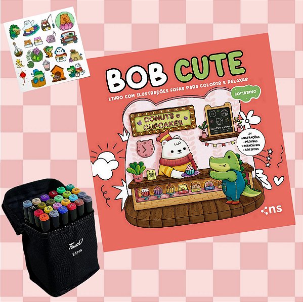 Livro Bob Cute + 24 Canetinhas + Adesivos - Livro Com Ilustrações Fofas Para Colorir E Relaxar