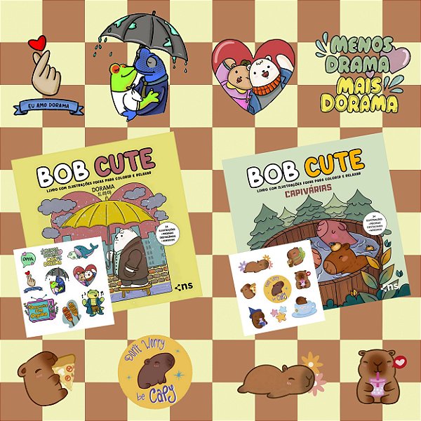 Kit 2 Livros Bob Cute Dorama e Capivárias Ilustrações Fofas Para Colorir Relaxar Antiestresse