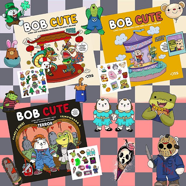 Kit 3 Livros Colorir Bob Cute Parque de Diversões Festas Terror Ilustrações Fofas Colorir e Relaxar