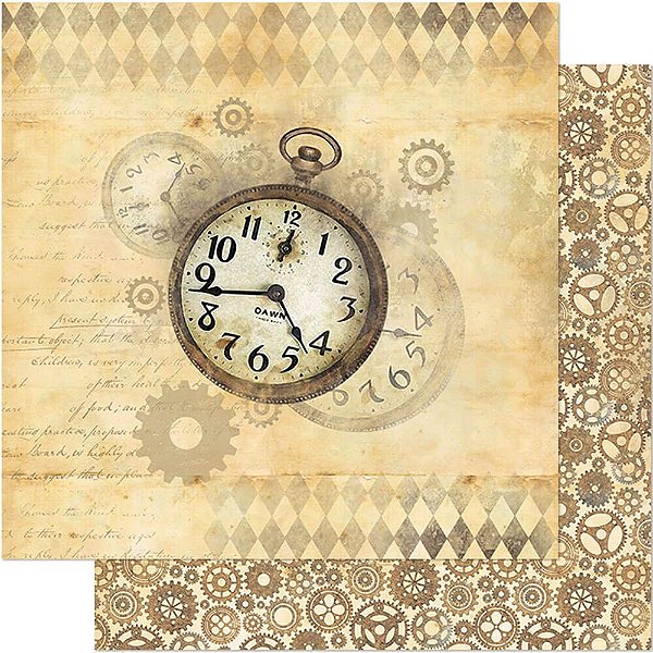 Papel Scrapbook - SD-0702 - Litoarte - Relógio com Engrenagens 30,5 x 30,5cm
